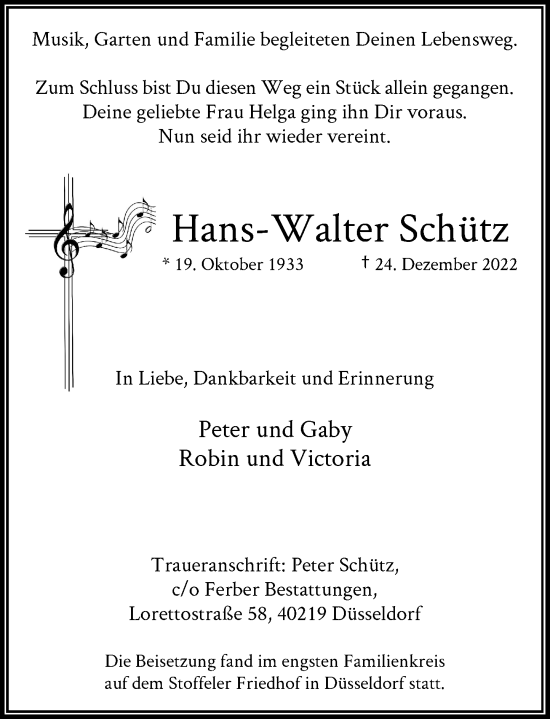 Traueranzeige von Hans-Walter Schütz von Rheinische Post