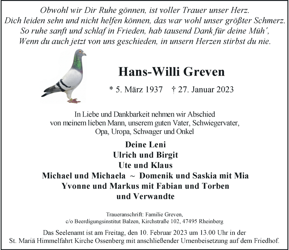  Traueranzeige für Hans-Willi Greven vom 31.01.2023 aus Rheinische Post