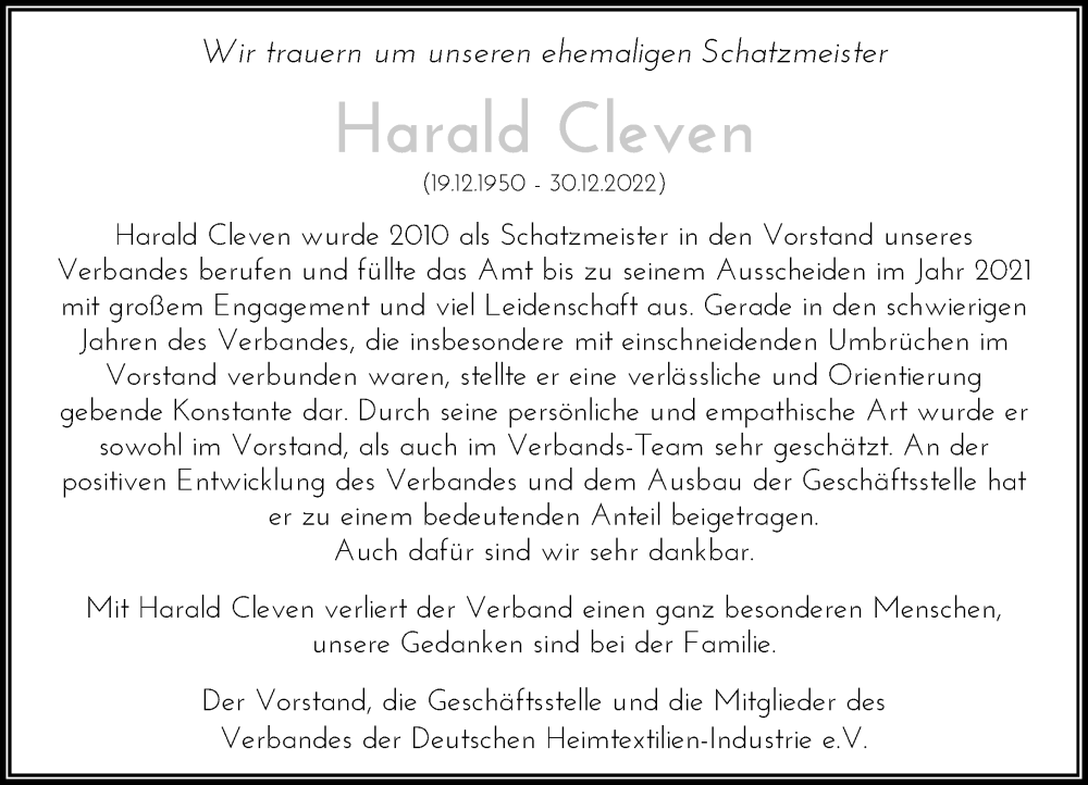  Traueranzeige für Harald Cleven vom 07.01.2023 aus Rheinische Post