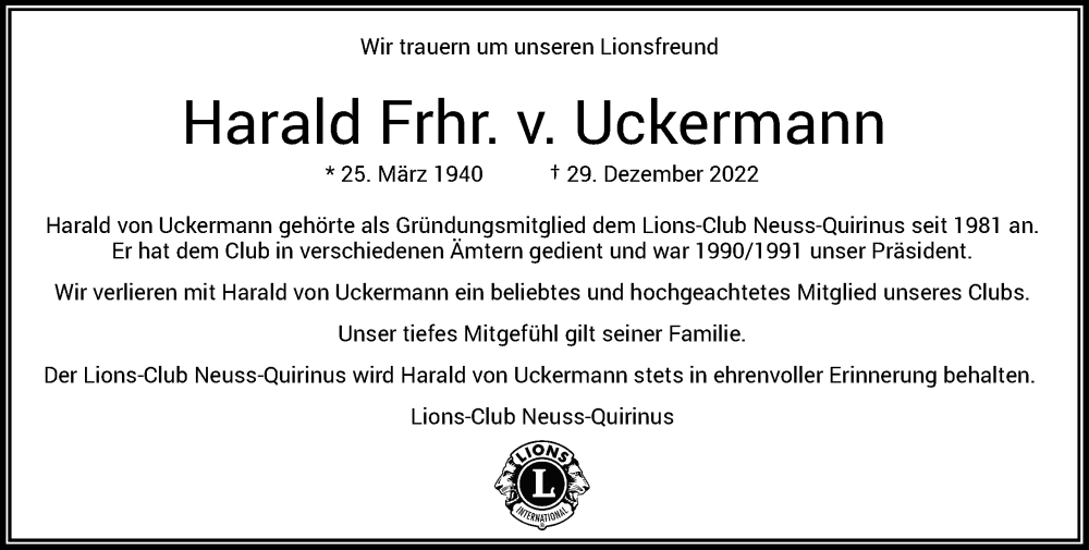  Traueranzeige für Harald Frhr. v. Uckermann vom 07.01.2023 aus Rheinische Post
