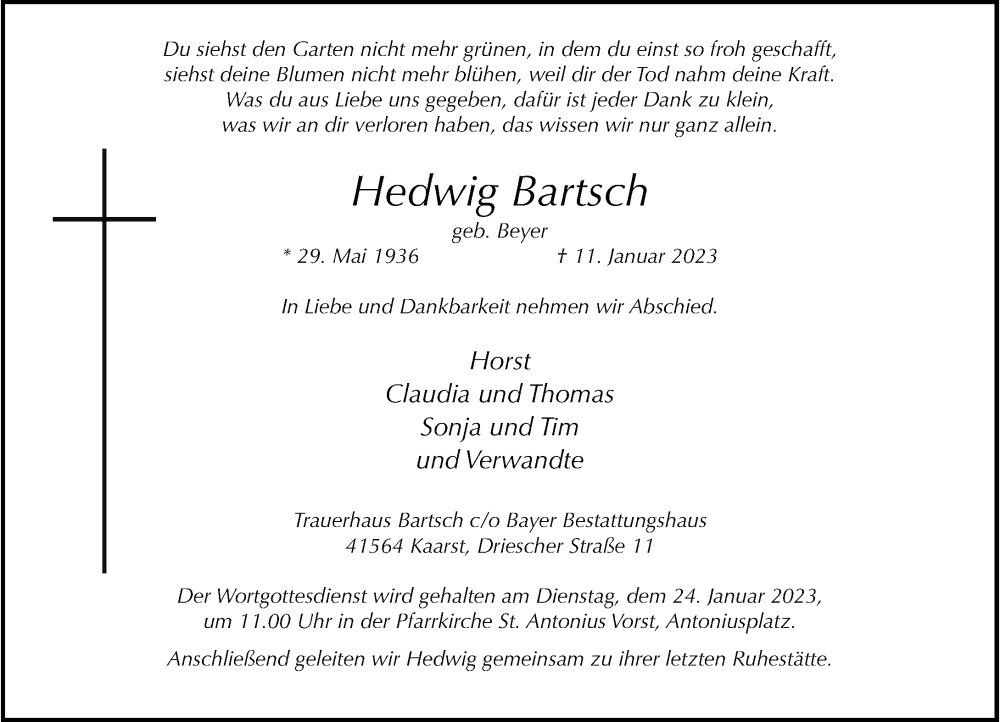  Traueranzeige für Hedwig Bartsch vom 14.01.2023 aus Rheinische Post