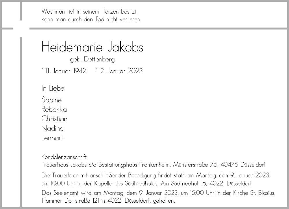  Traueranzeige für Heidemarie Jakobs vom 07.01.2023 aus Rheinische Post