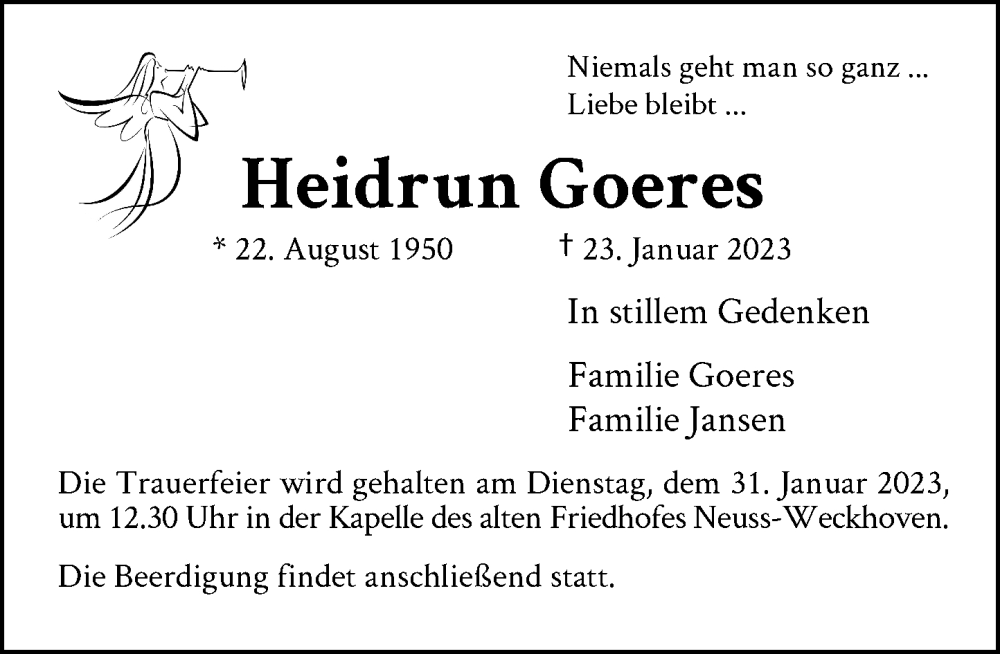  Traueranzeige für Heidrun Goeres vom 28.01.2023 aus Rheinische Post
