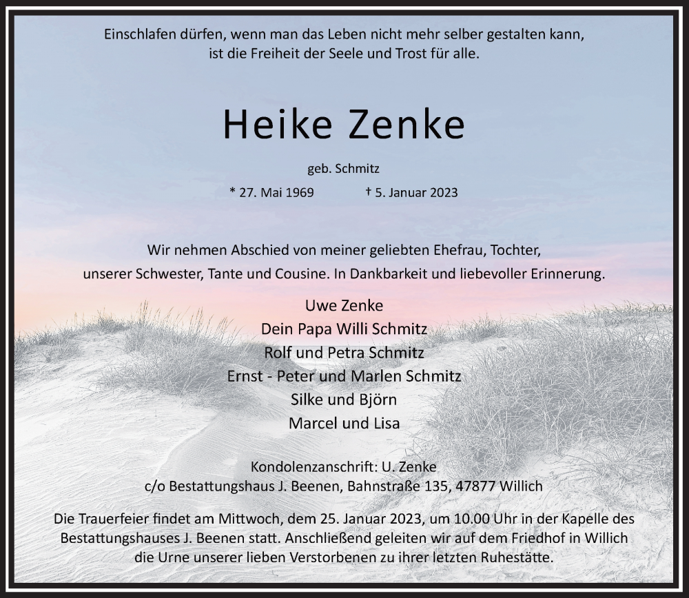  Traueranzeige für Heike Zenke vom 21.01.2023 aus Rheinische Post