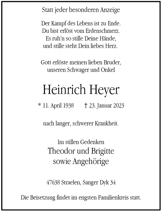 Traueranzeige von Heinrich Heyer von Rheinische Post