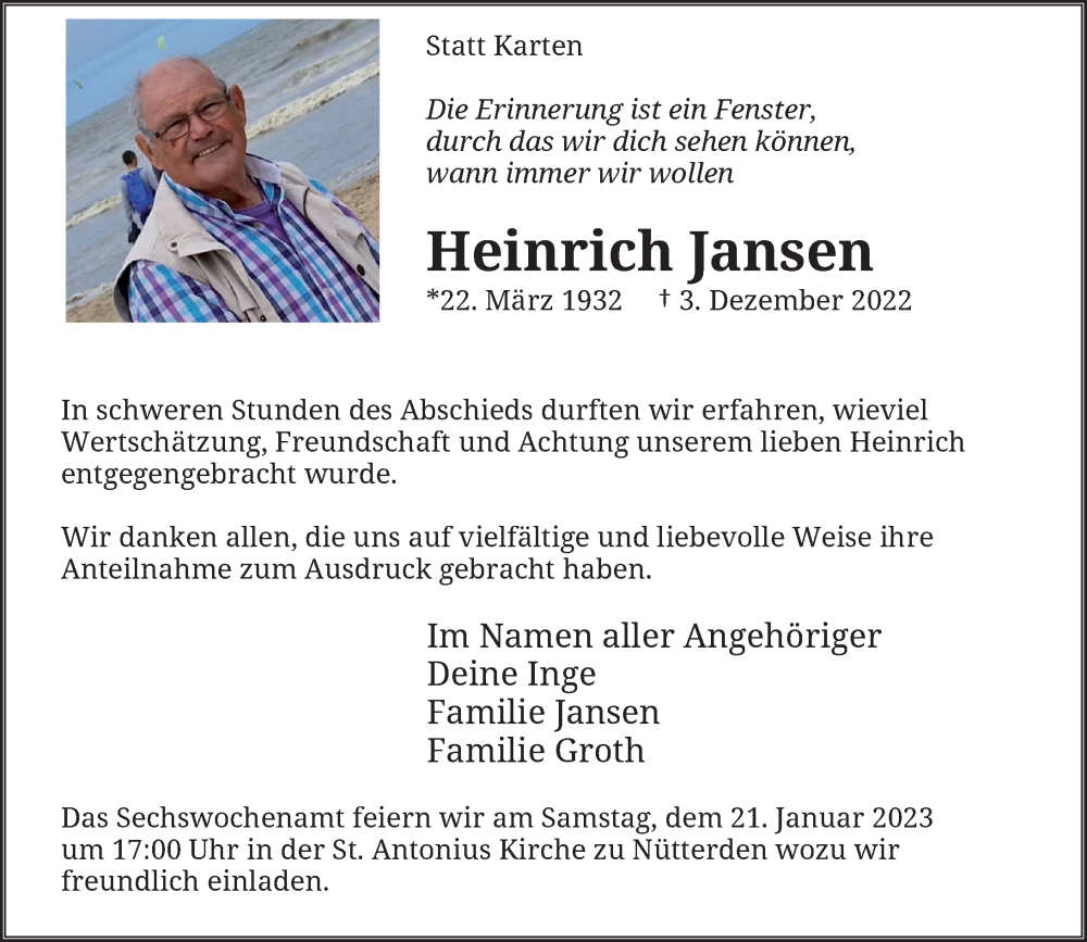  Traueranzeige für Heinrich Jansen vom 14.01.2023 aus Rheinische Post