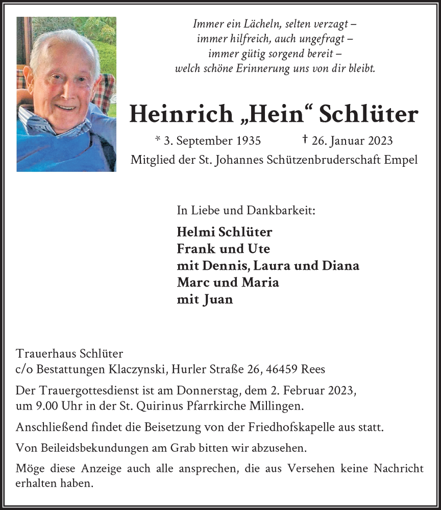  Traueranzeige für Heinrich Schlüter vom 28.01.2023 aus Rheinische Post