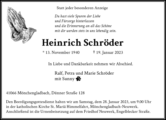 Traueranzeige von Heinrich Schröder von Rheinische Post