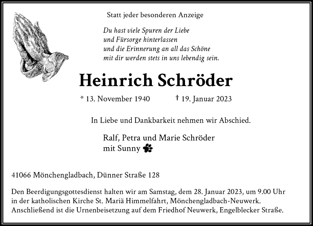  Traueranzeige für Heinrich Schröder vom 25.01.2023 aus Rheinische Post