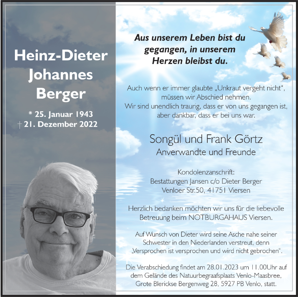 Traueranzeige für Heinz-Dieter Johannes Berger vom 21.01.2023 aus Rheinische Post