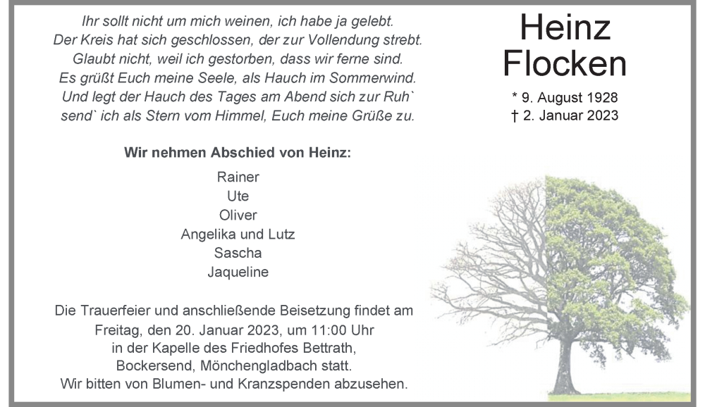  Traueranzeige für Heinz Flocken vom 18.01.2023 aus Rheinische Post