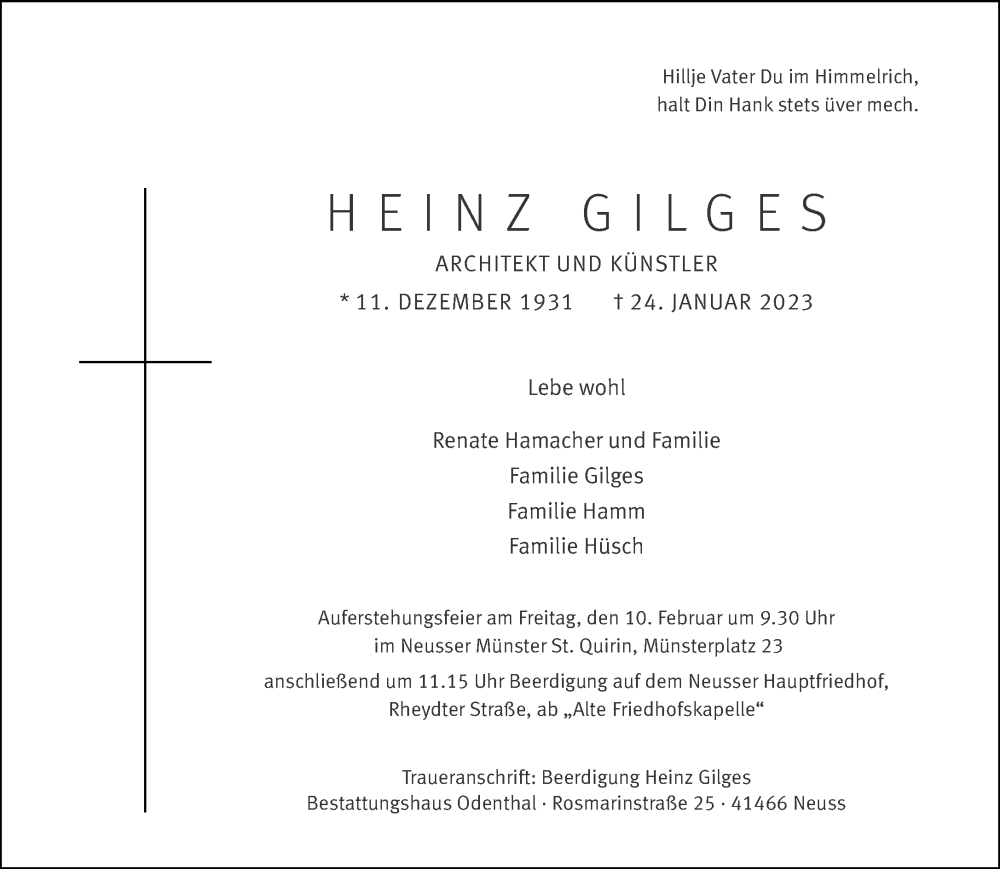  Traueranzeige für Heinz Gilges vom 04.02.2023 aus Rheinische Post