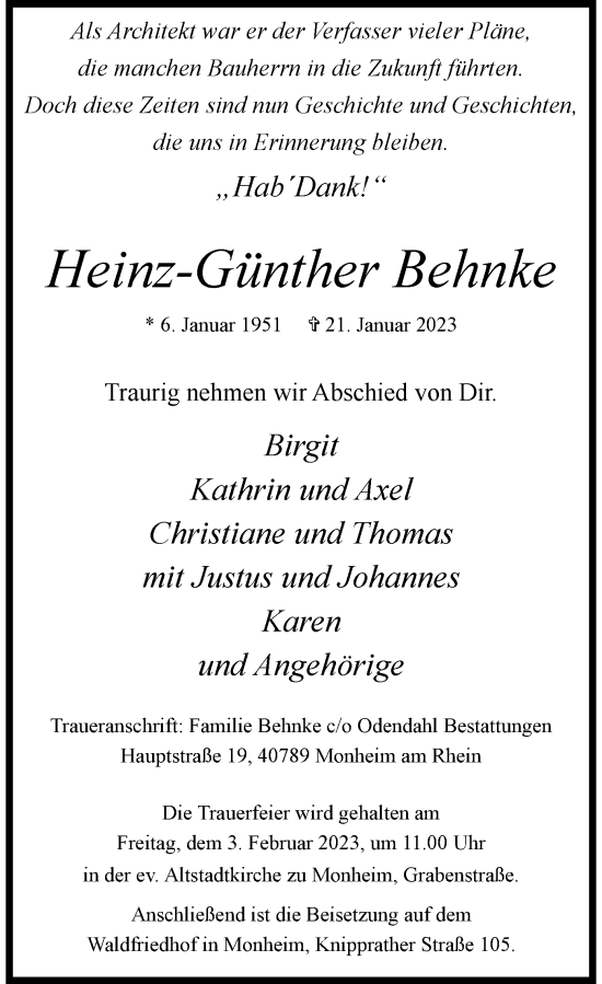 Traueranzeige von Heinz-Günther Behnke von Rheinische Post