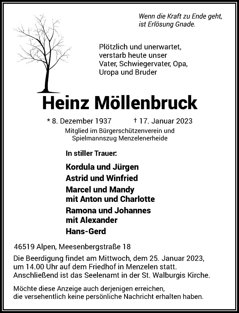  Traueranzeige für Heinz Möllenbruck vom 21.01.2023 aus Rheinische Post