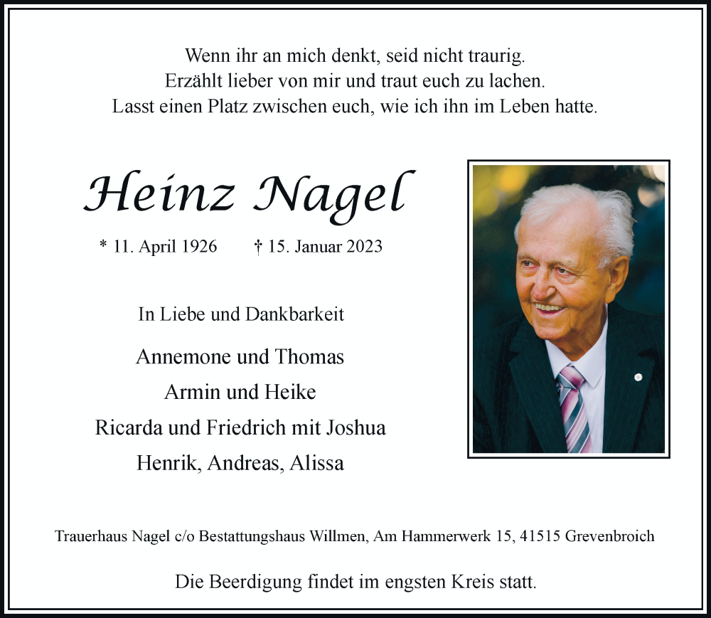  Traueranzeige für Heinz Nagel vom 21.01.2023 aus Rheinische Post