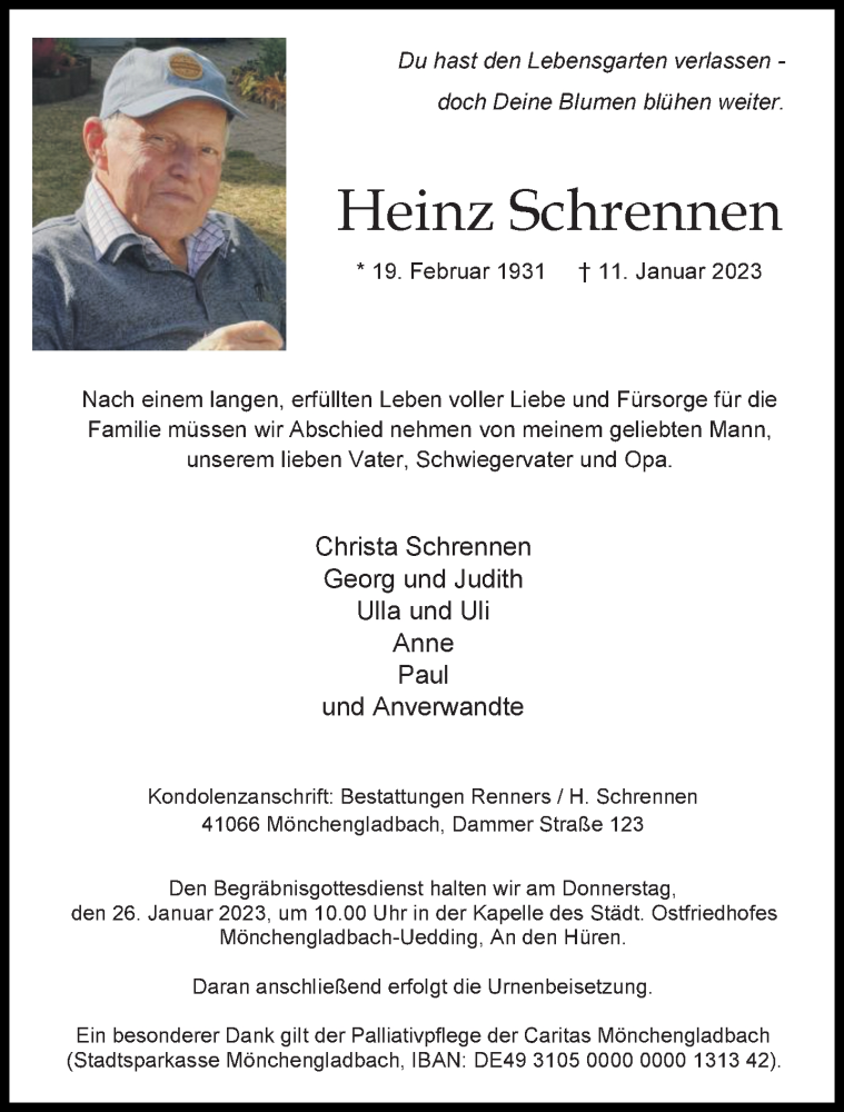  Traueranzeige für Heinz Schrennen vom 21.01.2023 aus Rheinische Post