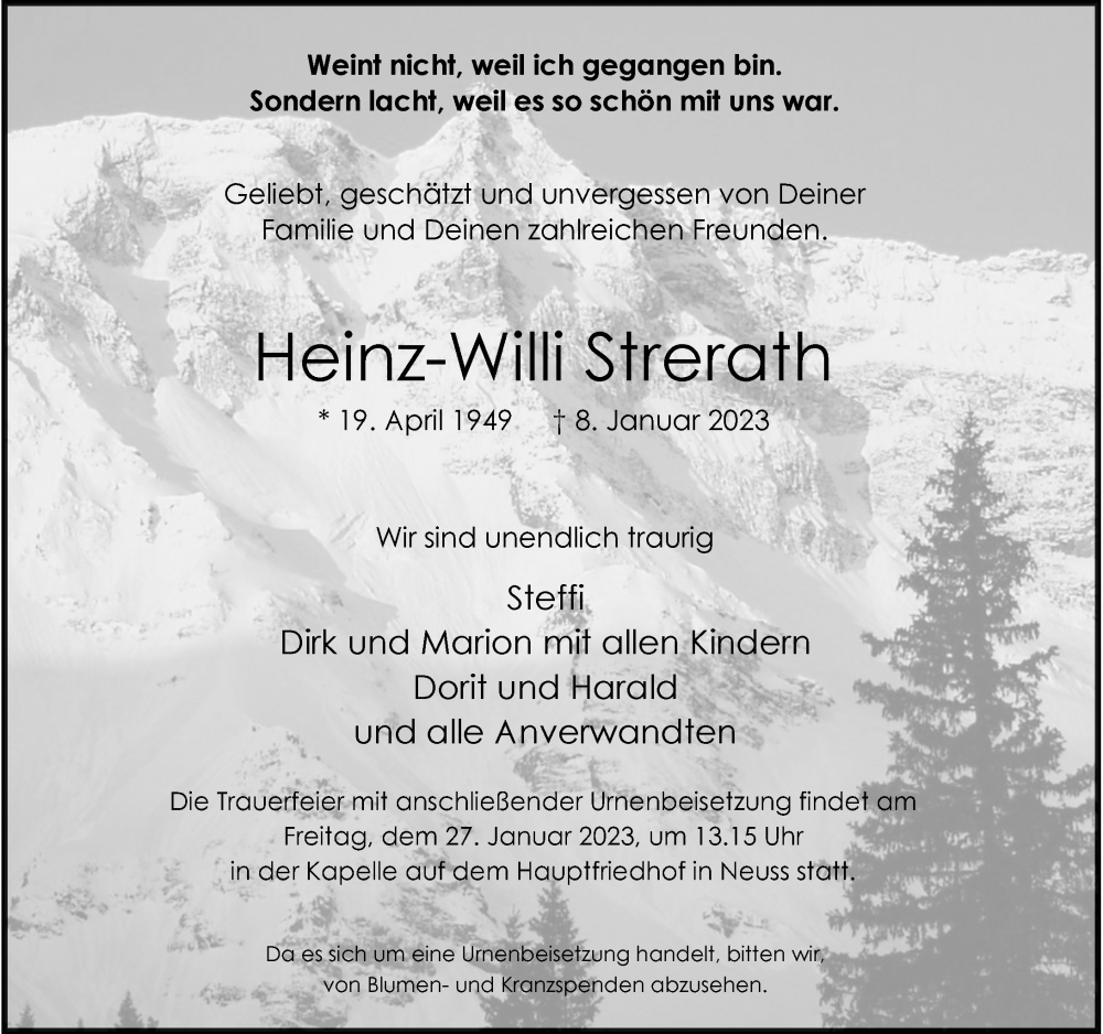  Traueranzeige für Heinz-Willi Strerath vom 21.01.2023 aus Rheinische Post