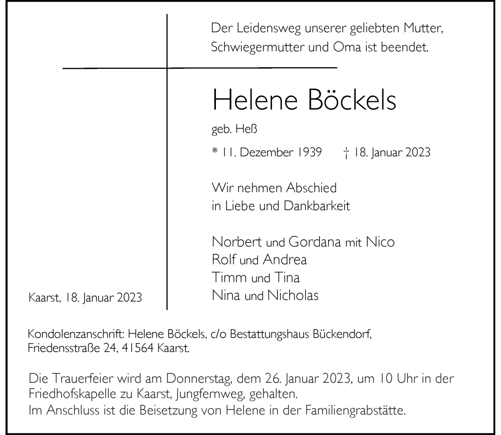  Traueranzeige für Helene Böckels vom 21.01.2023 aus Rheinische Post
