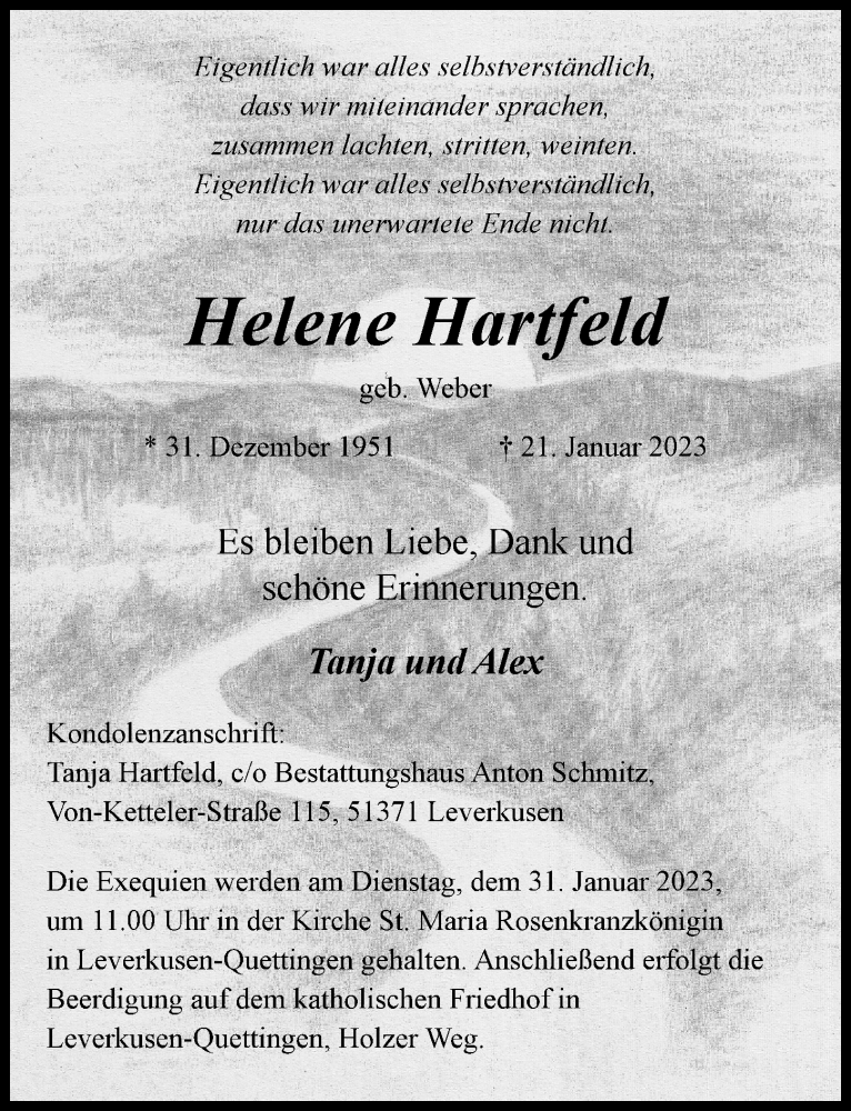  Traueranzeige für Helene Hartfeld vom 26.01.2023 aus Rheinische Post