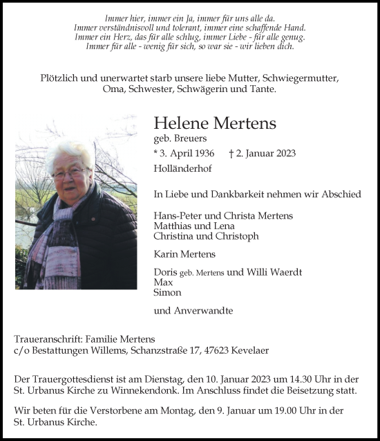 Traueranzeige von Helene Mertens von Rheinische Post