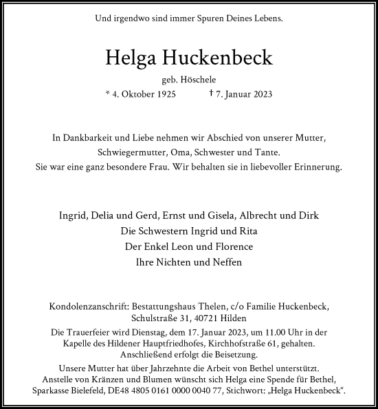 Traueranzeige von Helga Huckenbeck von Rheinische Post