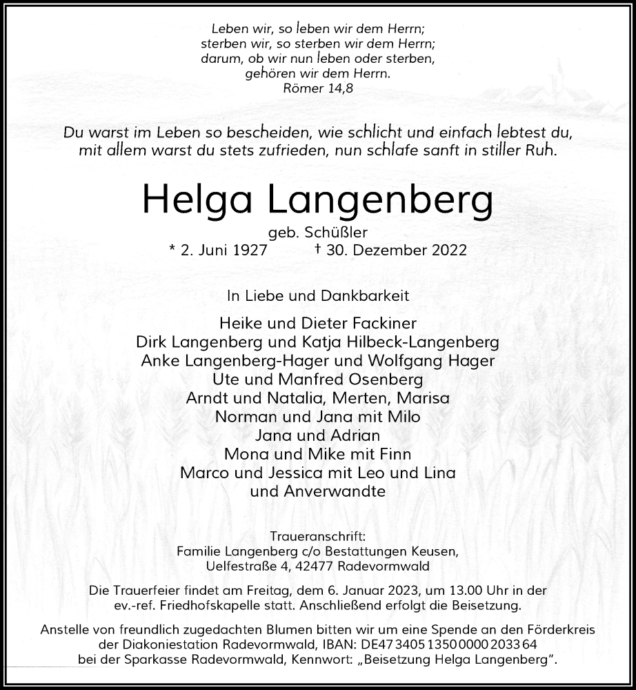 Traueranzeige für Helga Langenberg vom 04.01.2023 aus Rheinische Post