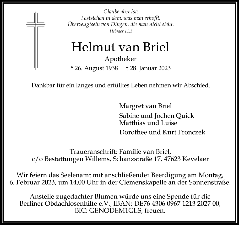 Traueranzeige für Helmut van Briel vom 01.02.2023 aus Rheinische Post