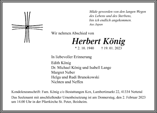 Traueranzeige von Herbert König von Rheinische Post