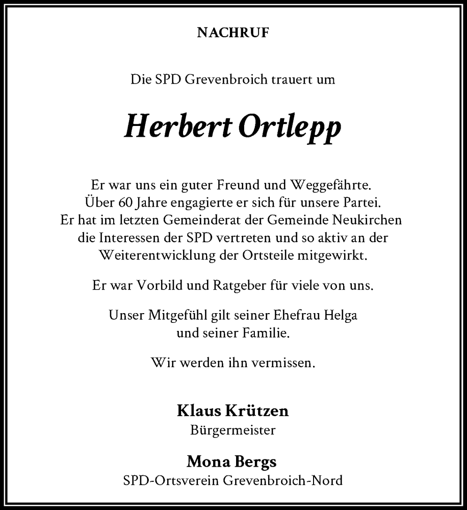  Traueranzeige für Herbert Ortlepp vom 07.01.2023 aus Rheinische Post