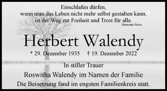 Traueranzeige von Herbert Walendy von Rheinische Post