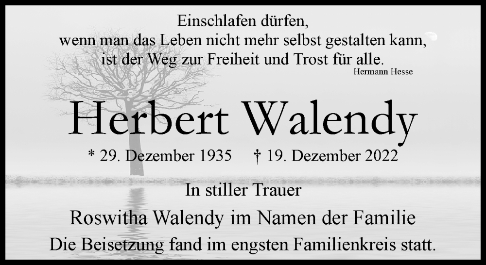  Traueranzeige für Herbert Walendy vom 21.01.2023 aus Rheinische Post