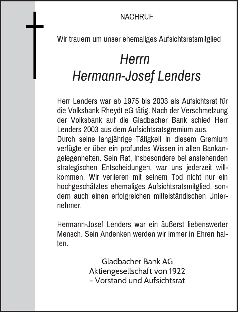  Traueranzeige für Hermann-Josef Lenders vom 12.01.2023 aus Rheinische Post
