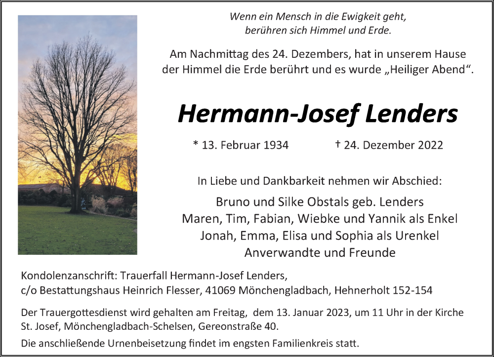  Traueranzeige für Hermann-Josef Lenders vom 07.01.2023 aus Rheinische Post