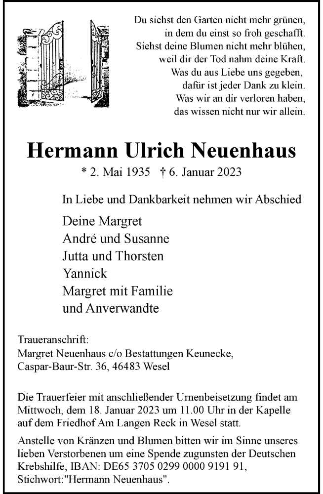  Traueranzeige für Hermann Ulrich Neuenhaus vom 14.01.2023 aus Rheinische Post