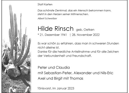 Traueranzeige von Hilde Rinsch von Rheinische Post