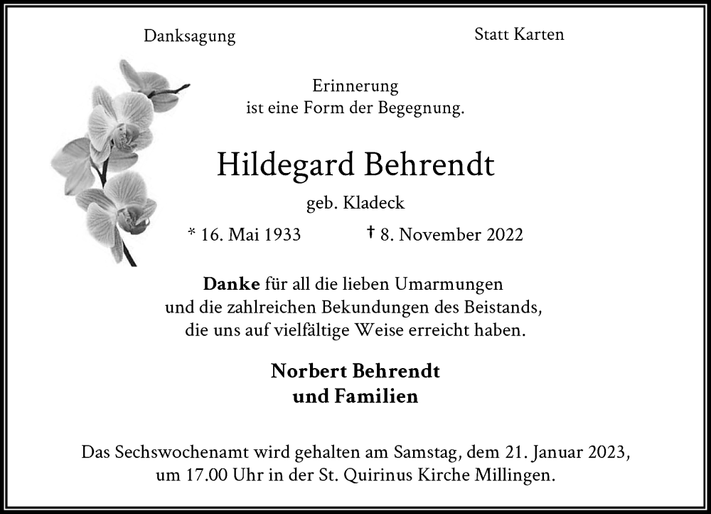  Traueranzeige für Hildegard Behrendt vom 14.01.2023 aus Rheinische Post