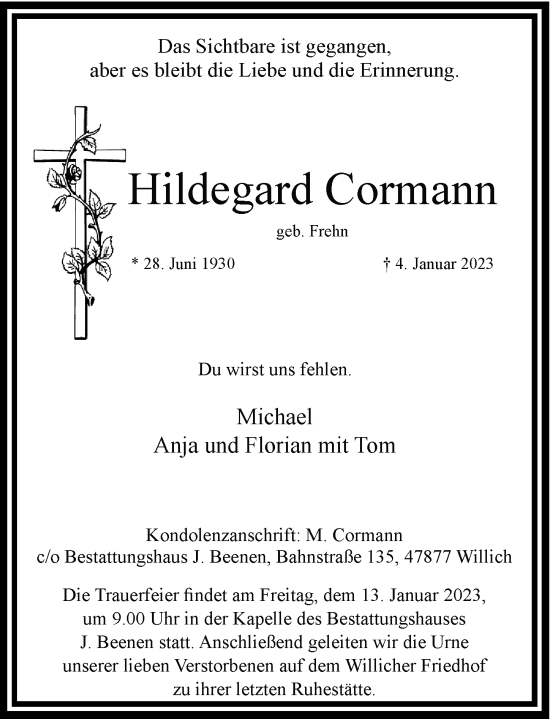 Traueranzeige von Hildegard Cormann von Rheinische Post