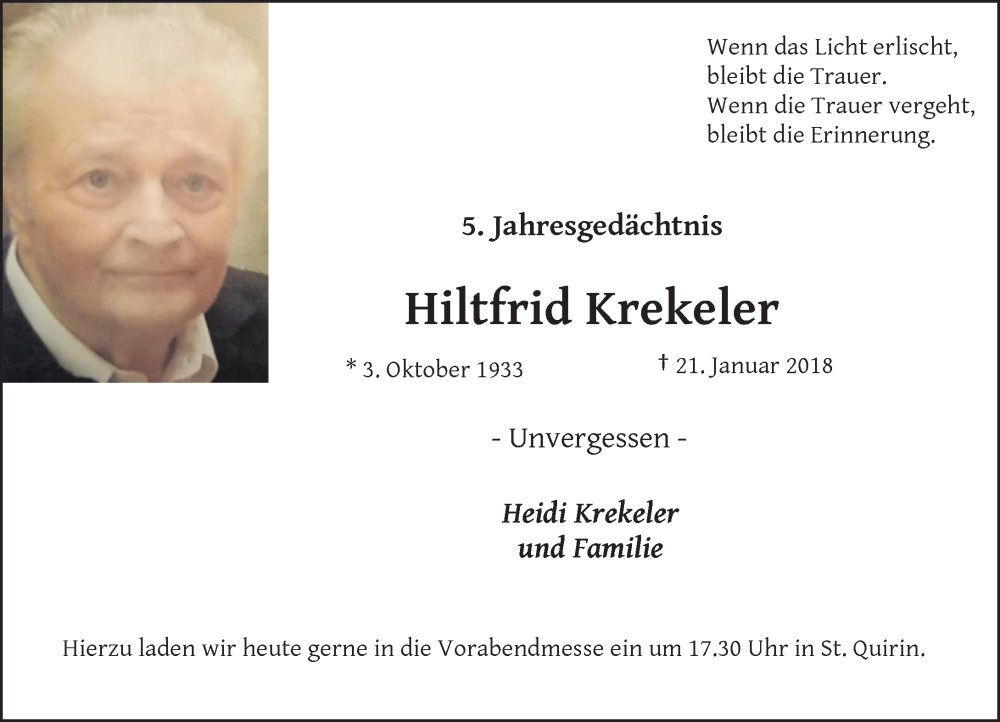  Traueranzeige für Hiltfrid Krekeler vom 21.01.2023 aus Rheinische Post