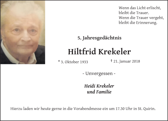 Traueranzeige von Hiltfrid Krekeler von Rheinische Post