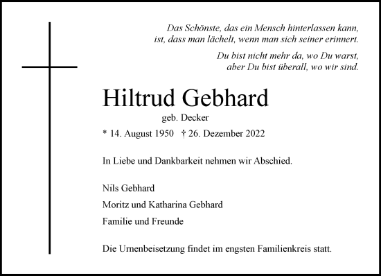 Traueranzeige von Hiltrud Gebhard von Rheinische Post