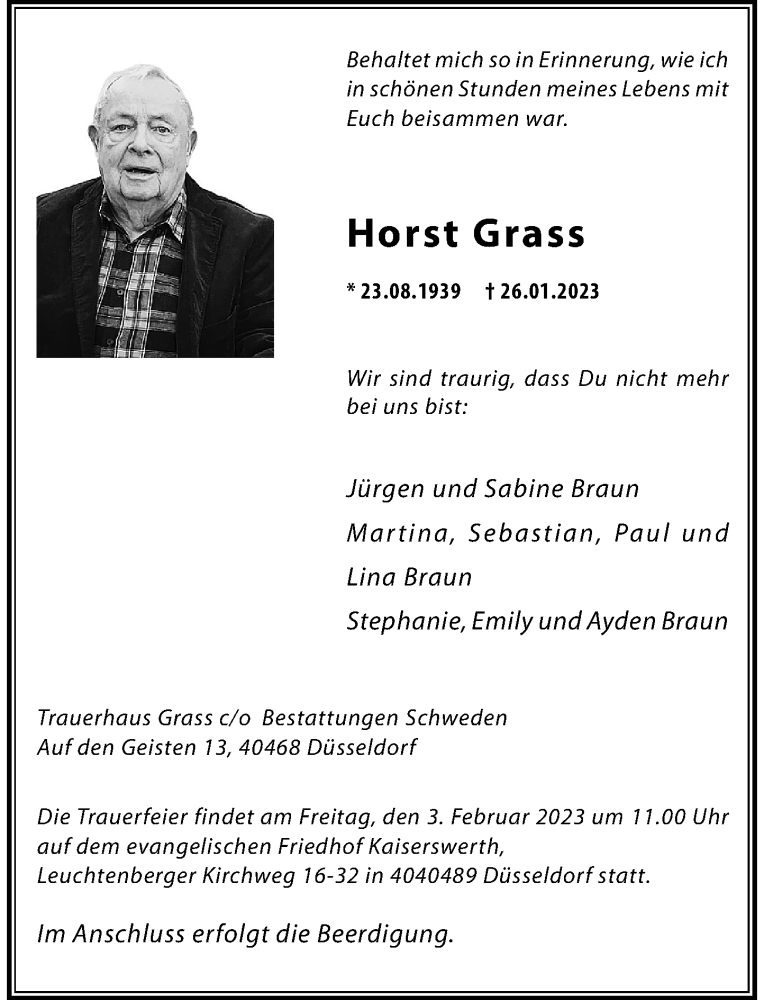  Traueranzeige für Horst Grass vom 28.01.2023 aus Rheinische Post