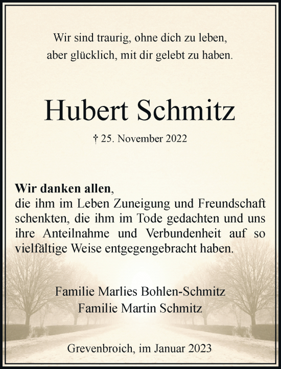 Traueranzeige von Hubert Schmitz von Rheinische Post