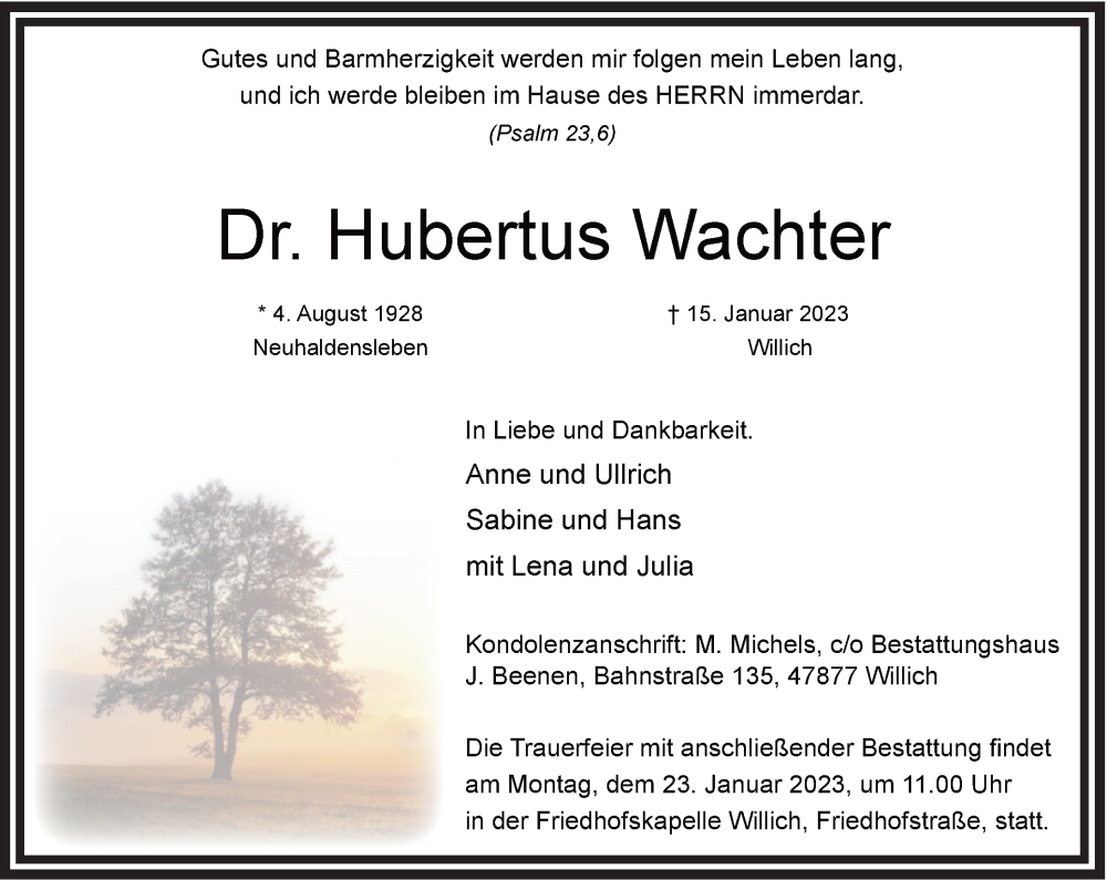  Traueranzeige für Hubertus Wachter vom 21.01.2023 aus Rheinische Post