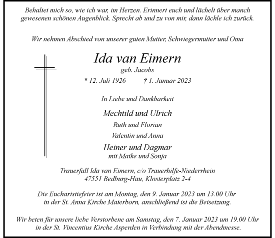 Traueranzeige von Ida van Eimern von Rheinische Post