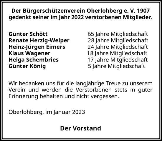 Traueranzeige von Im Gedenken Bürgerschützenverein Oberlohberg e. V. 1907 von Rheinische Post