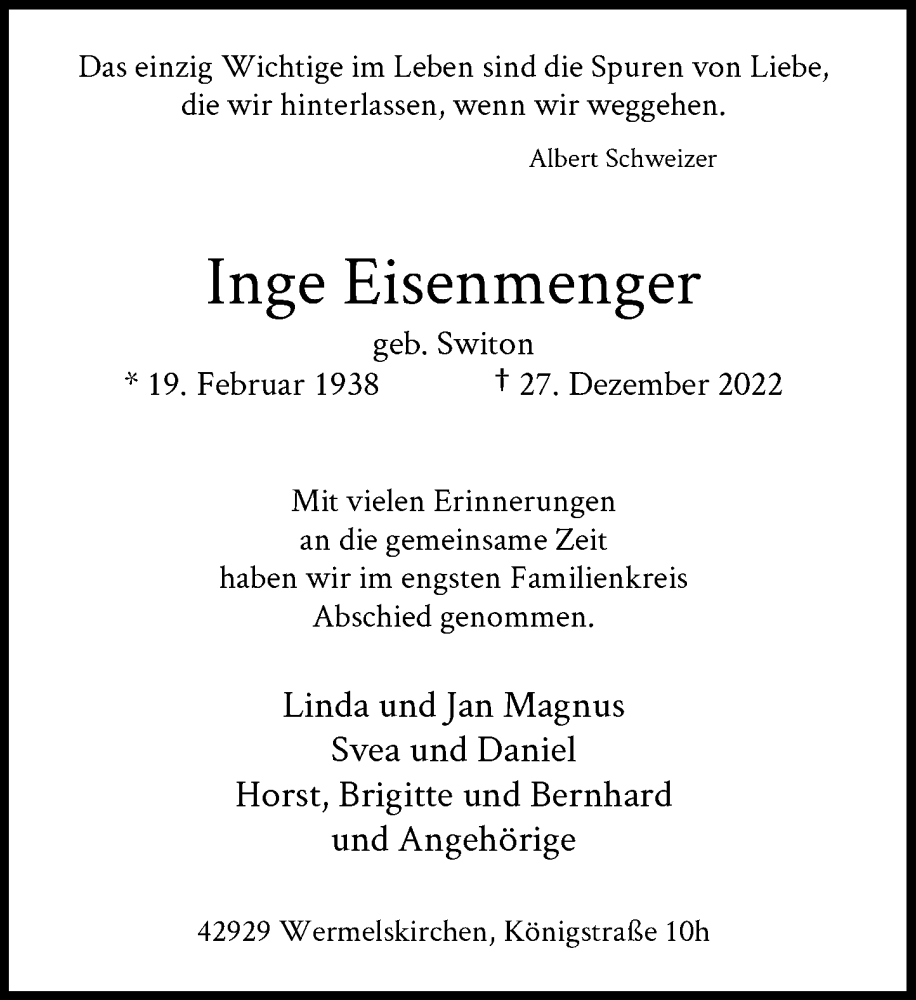  Traueranzeige für Inge Eisenmenger vom 14.01.2023 aus Rheinische Post