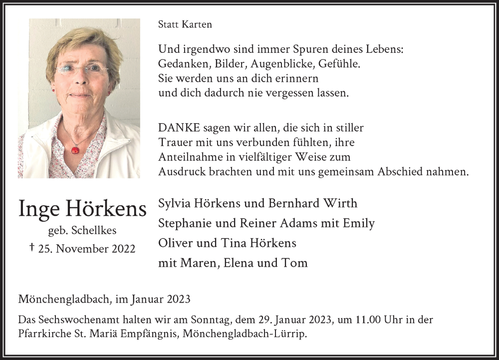  Traueranzeige für Inge Hörkens vom 14.01.2023 aus Rheinische Post