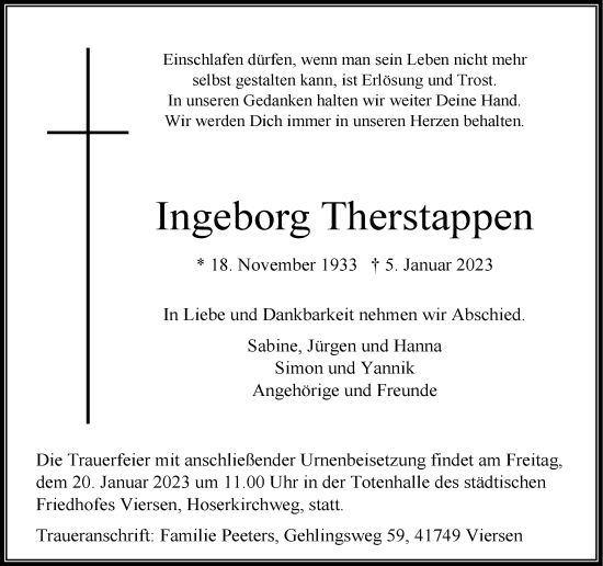 Traueranzeige von Ingeborg Therstappen von Rheinische Post