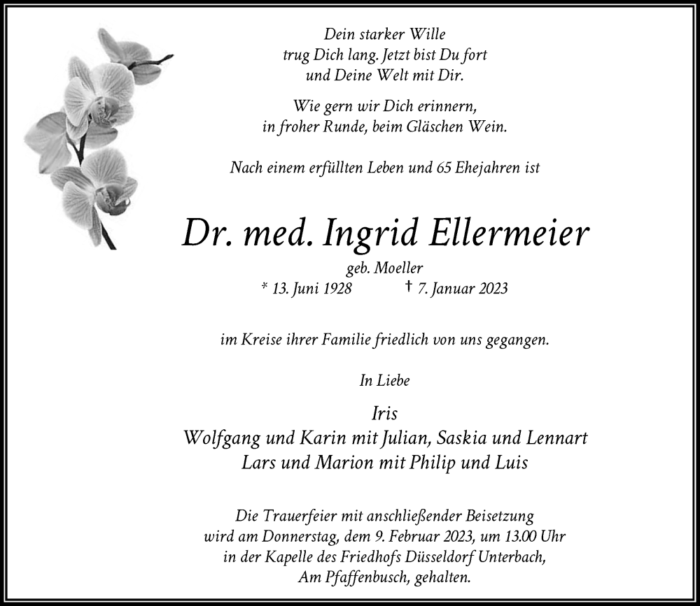  Traueranzeige für Ingrid Ellermeier vom 28.01.2023 aus Rheinische Post