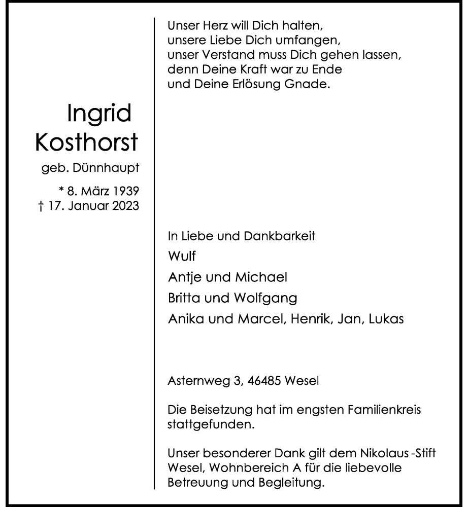  Traueranzeige für Ingrid Kosthorst vom 24.01.2023 aus Rheinische Post